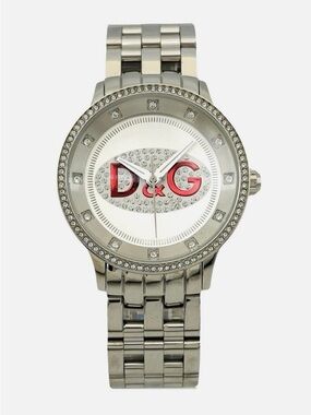 D&G Silver Stainless Steel Crystal Bezel Watch with Red Logo Accents